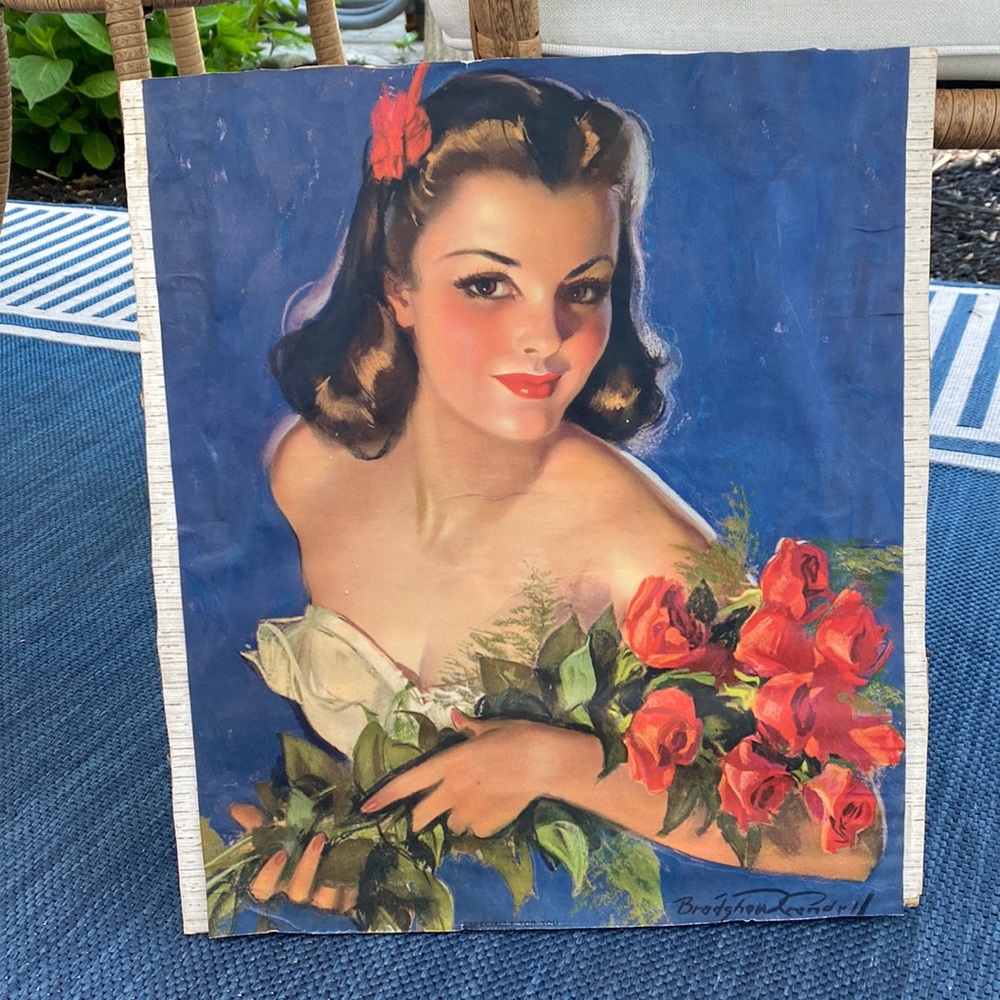 VTG Retro Pin Up Gal with Roses Calendar Art Print
